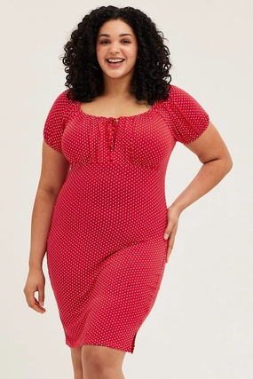 Soft and Chic Polka Dot Short Puff Sleeve Red Spot Bodycon Dress