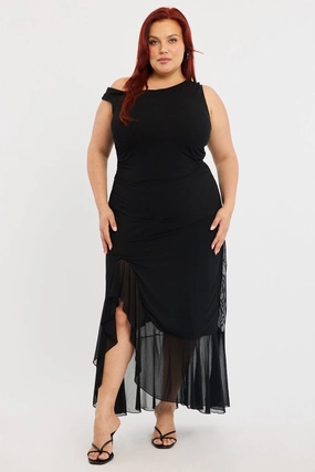 Black Midi Dress Asymmetric Shoulder Mesh Ruffle Theater-Night