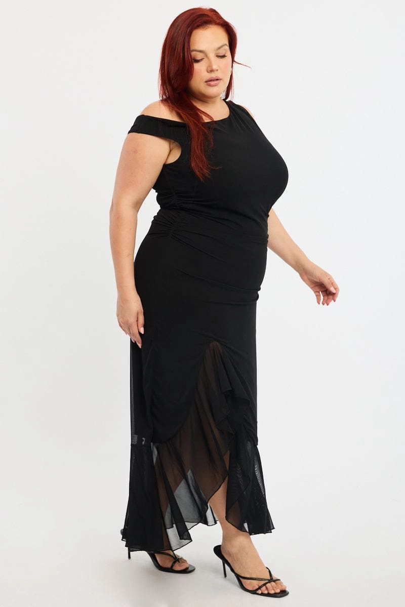 Pearl-Detail Black Midi Dress Asymmetric Shoulder Mesh Ruffle