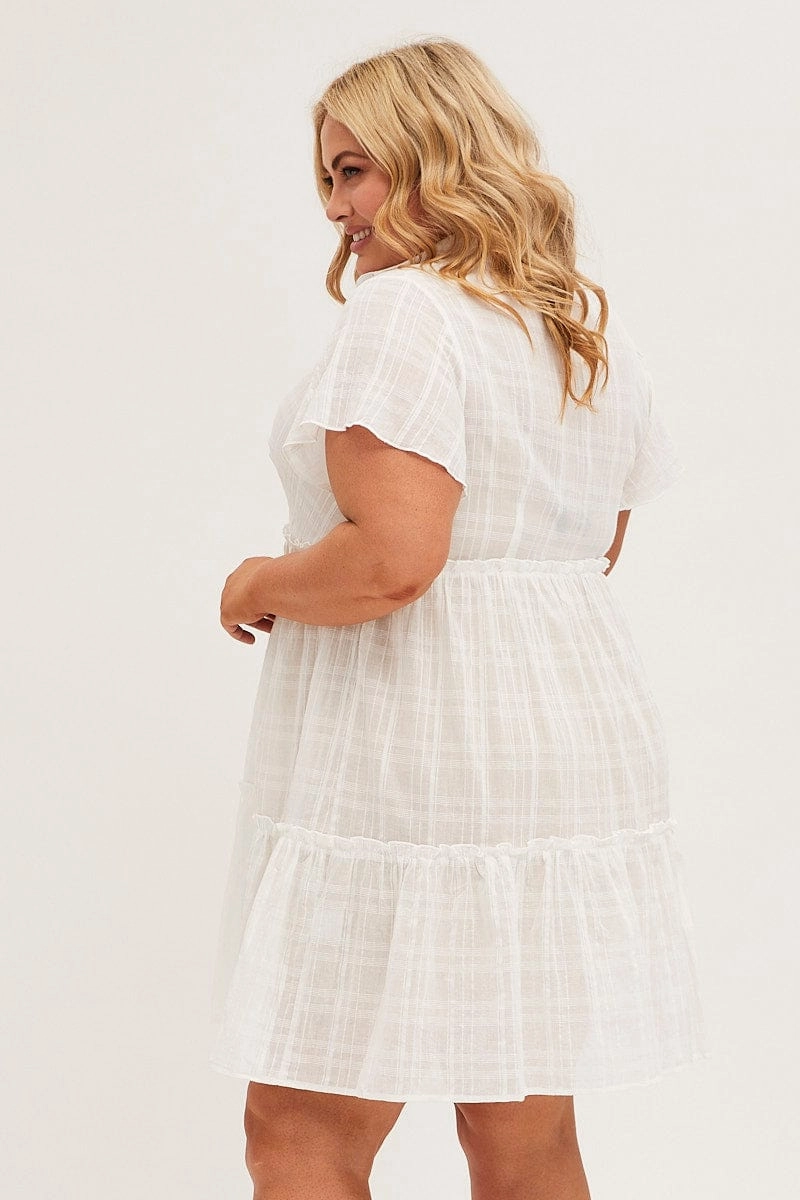 White Mini Dress Short Sleeve Button Front Textured Silky-Feel