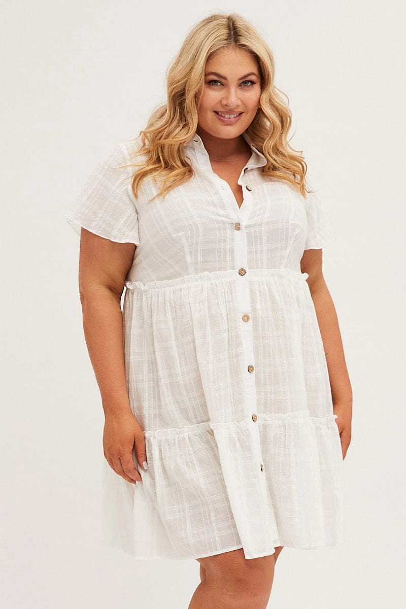 Calm Shine White Mini Dress Short Sleeve Button Front Textured