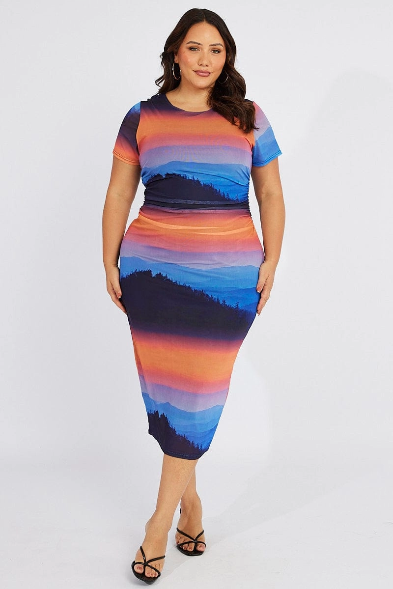Trend Fit Relaxed Waist Multi Abstract Bodycon T-shirt Landscape Midi Dress