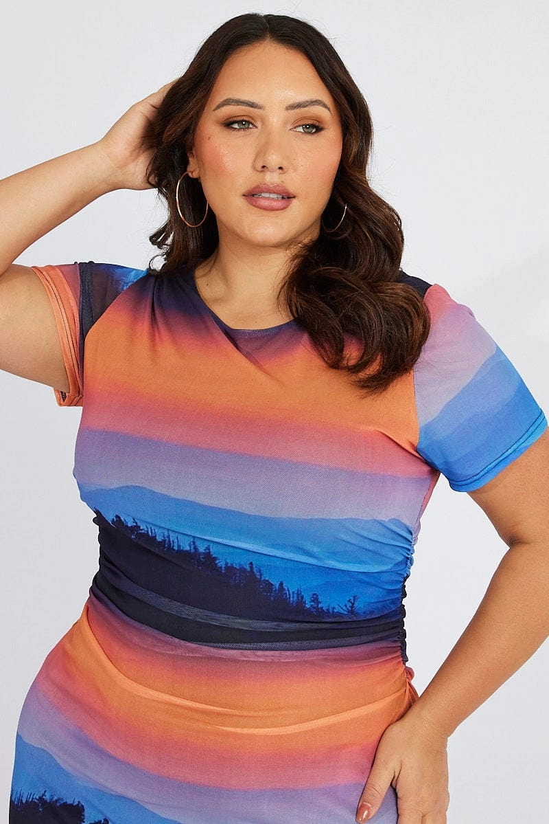 Multi Abstract Bodycon T-shirt Landscape Midi Dress Minimal Motion Chic Waist Design