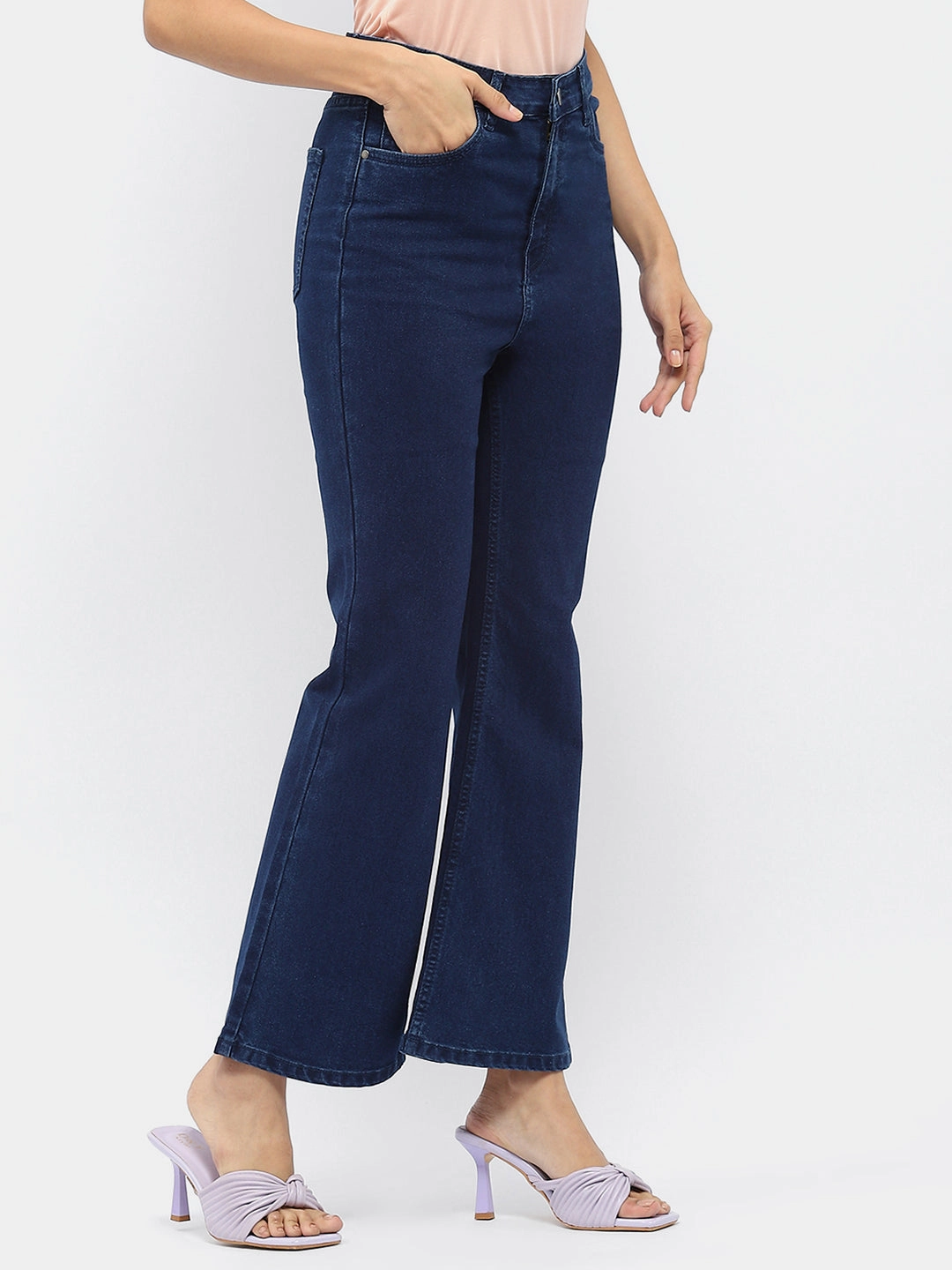 Madame Solid Blue Flared Denim Jeans Curved Seam Construction Casual Friday Parent Style Travel Outfit