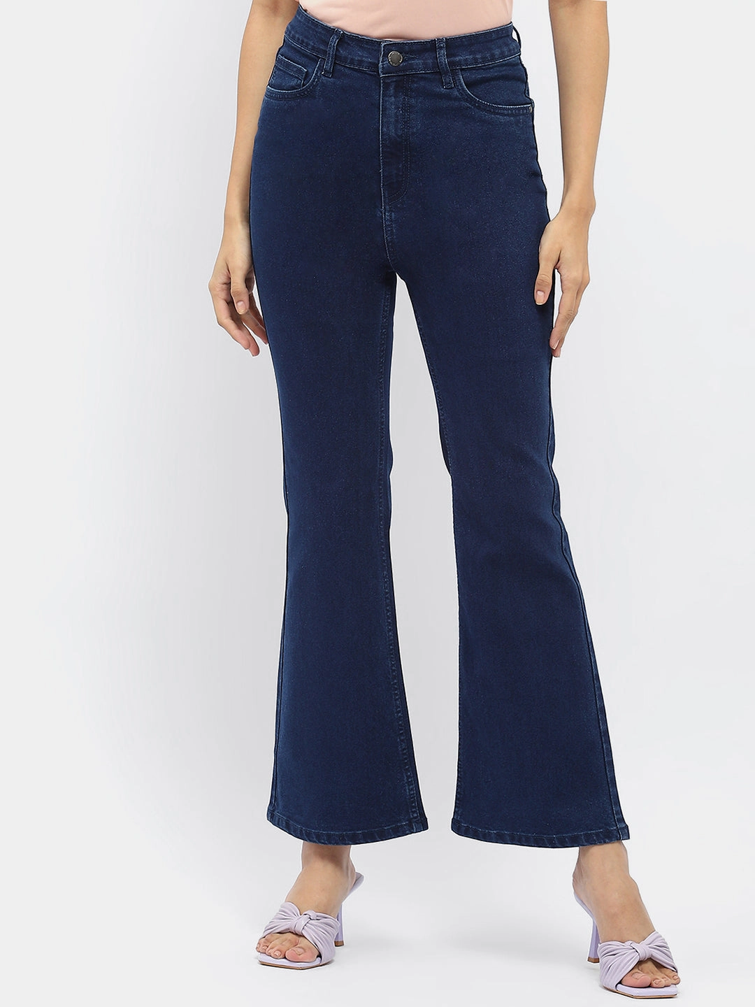 Madame Solid Blue Flared Denim Jeans Weekend Getaway Luxury Beach Day Smooth Loose Versatile