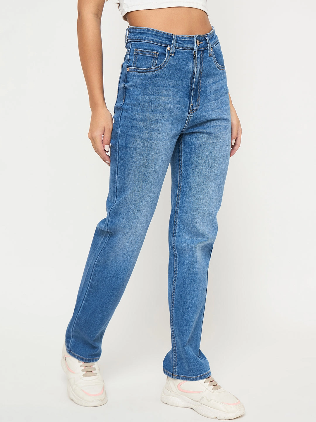 Madame Acid Wash Mid Blue Straight Cotton Blend Jeans Street Vibe