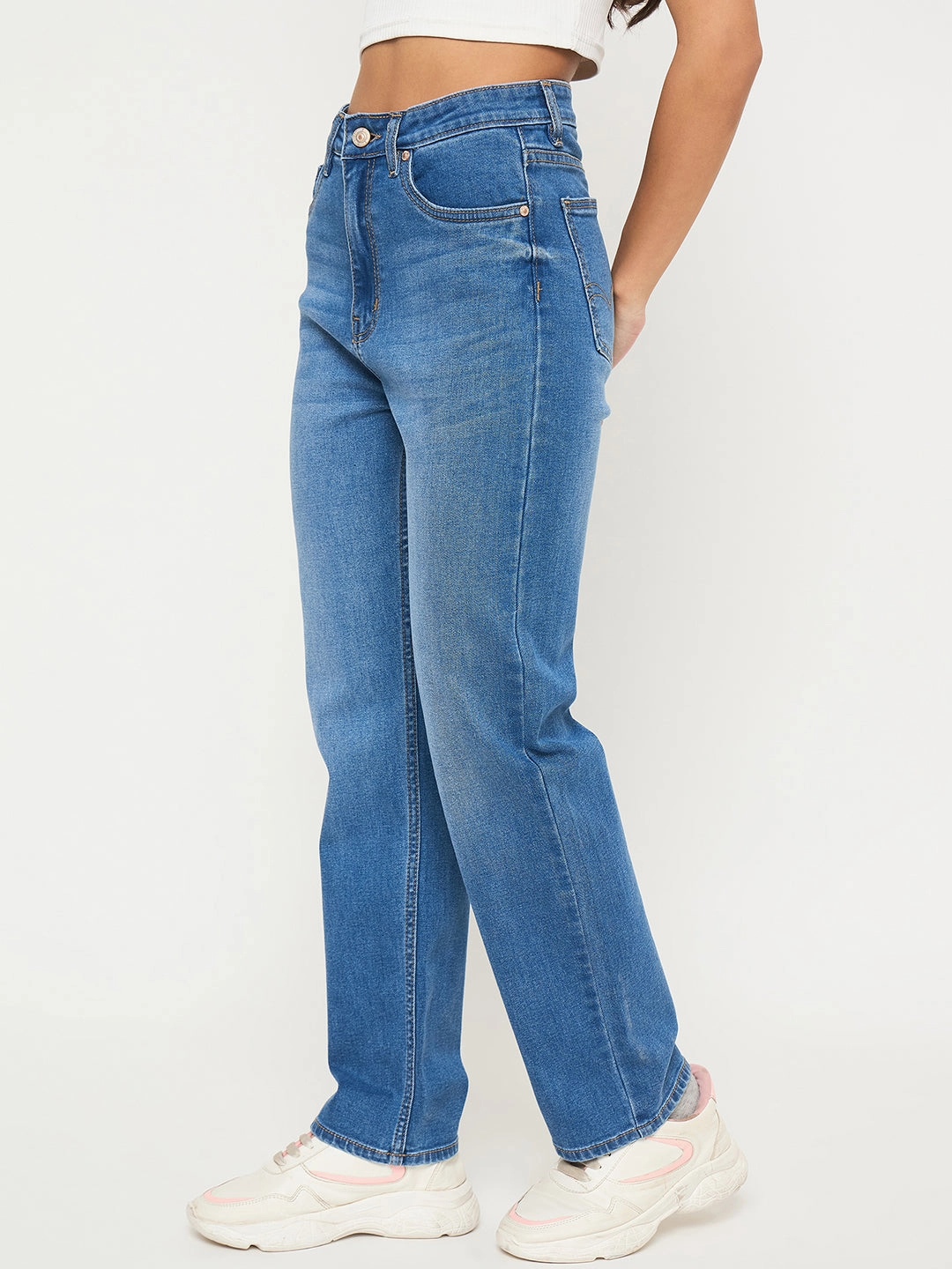 Madame Acid Wash Mid Blue Straight Cotton Blend Jeans Classic Wear Textured Comfy Choice