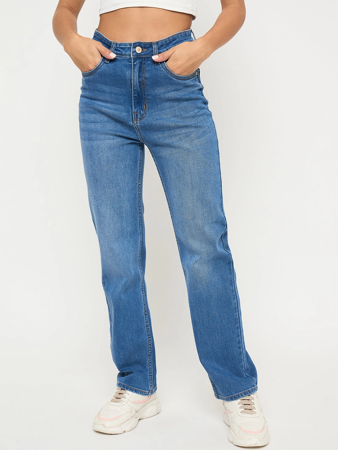 Comfortable Waistband High-Quality Fit Madame Acid Wash Mid Blue Straight Cotton Blend Jeans