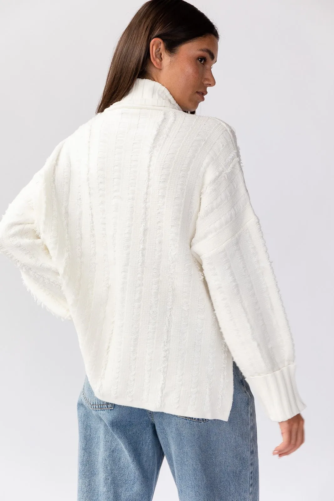 Dana Turtleneck Fringe Knit Sweater - White MoistureWicking Yarn