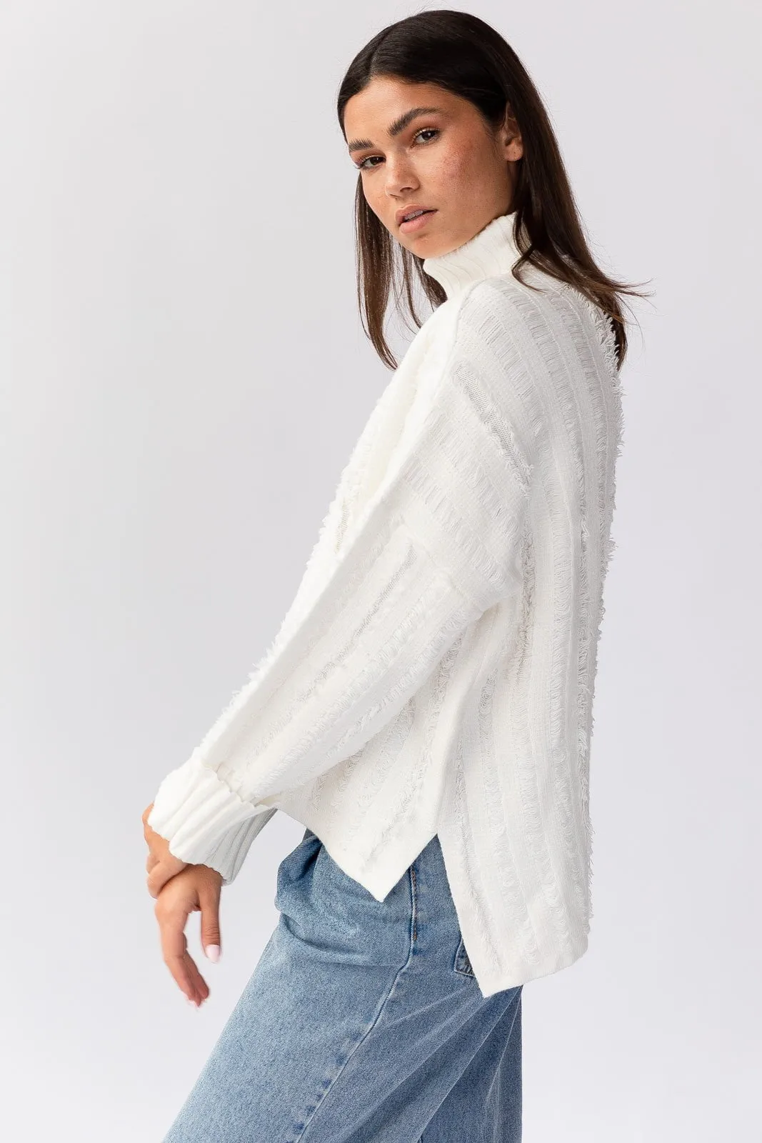 Unstructured Fit Dana Turtleneck Fringe Knit Sweater - White