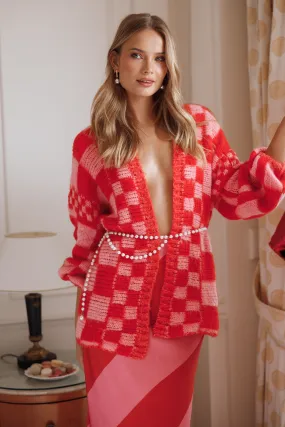 Sleek Texture Davina Pattern Open Front Cardigan - Red/Pink