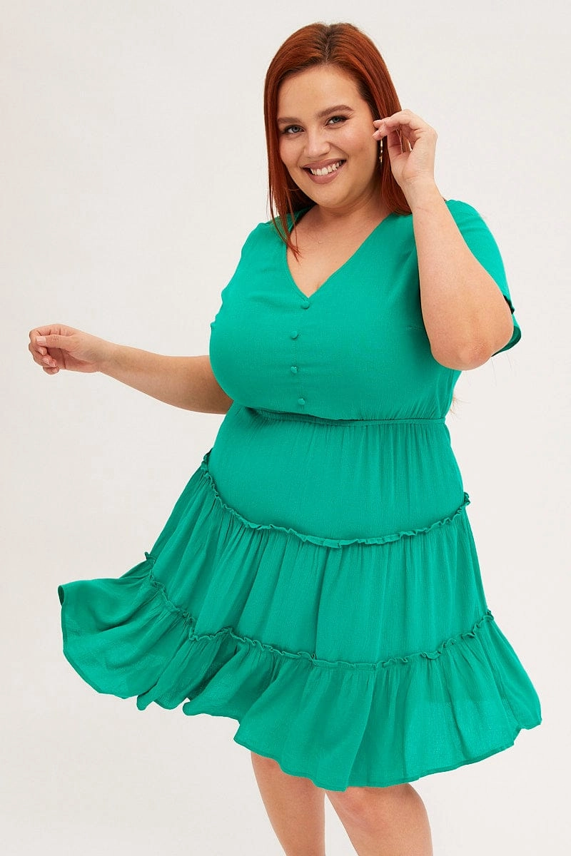 Green Mini Dress Short Sleeve Button Front Crinkle Rayon Silk Shine