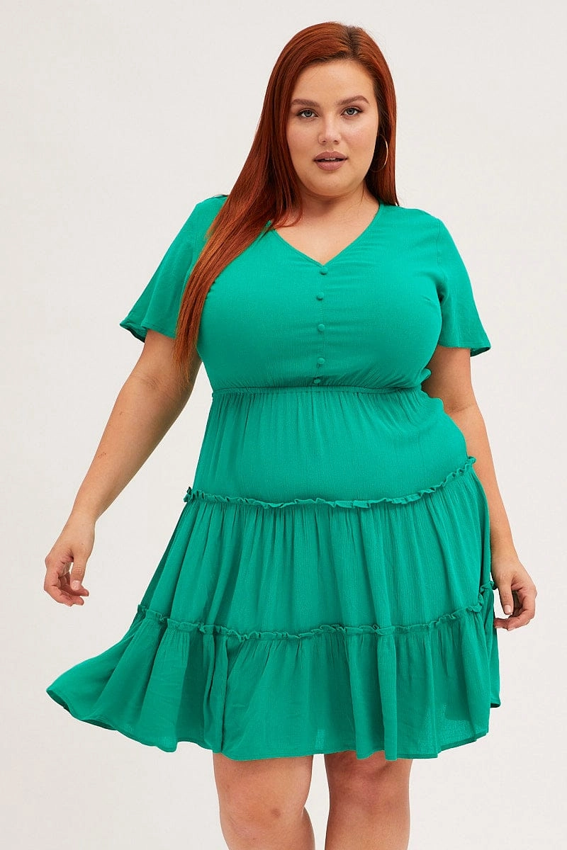 Versatile Edge Green Mini Dress Short Sleeve Button Front Crinkle Rayon