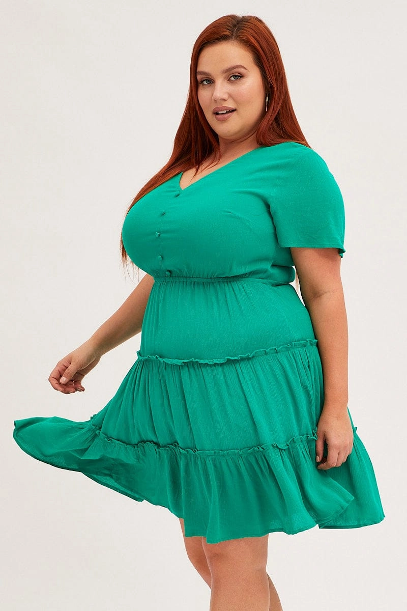 Stain-Guard-Finish Green Mini Dress Short Sleeve Button Front Crinkle Rayon