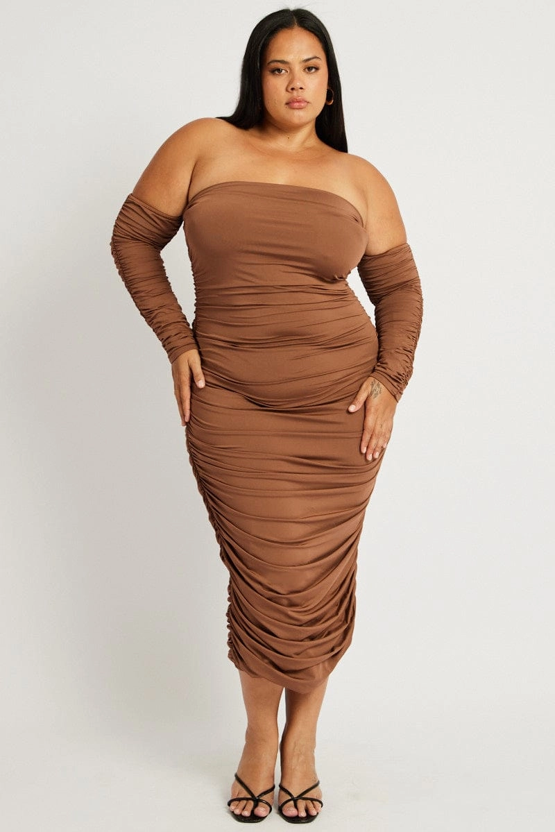 Contemporary Layer Brown Ruched Jersey Midi Dress