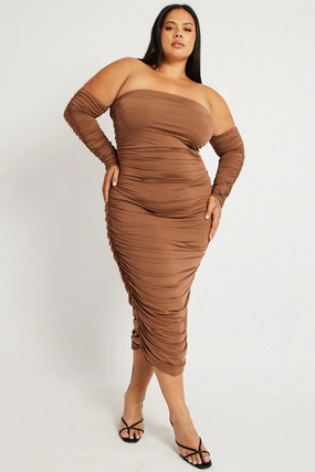 Perfect Fit Look Brown Ruched Jersey Midi Dress