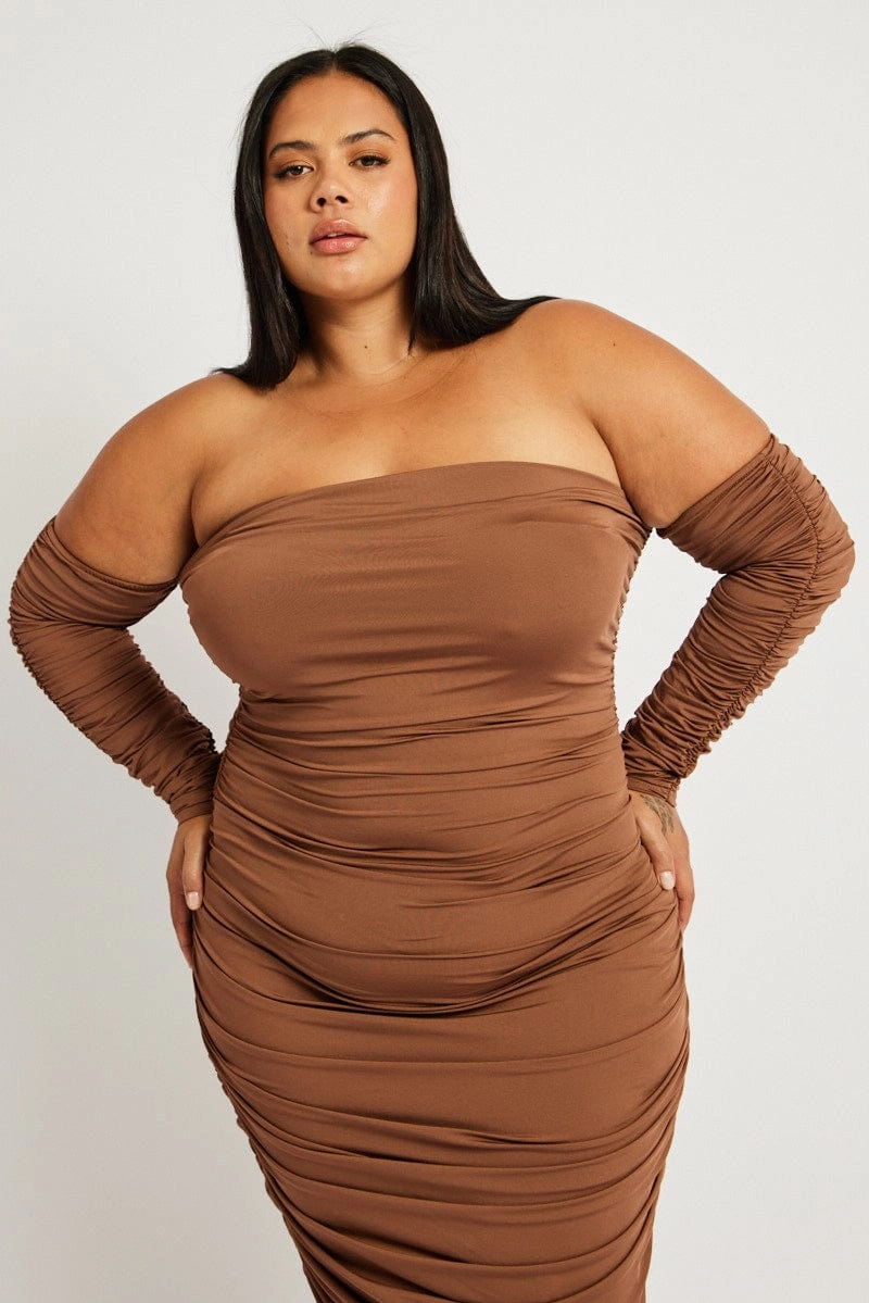 Soft And Comfortable Brown Ruched Jersey Midi Dress