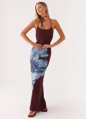 Dayana Halterneck Maxi Dress - Maroon Print Mesh-Sleeve