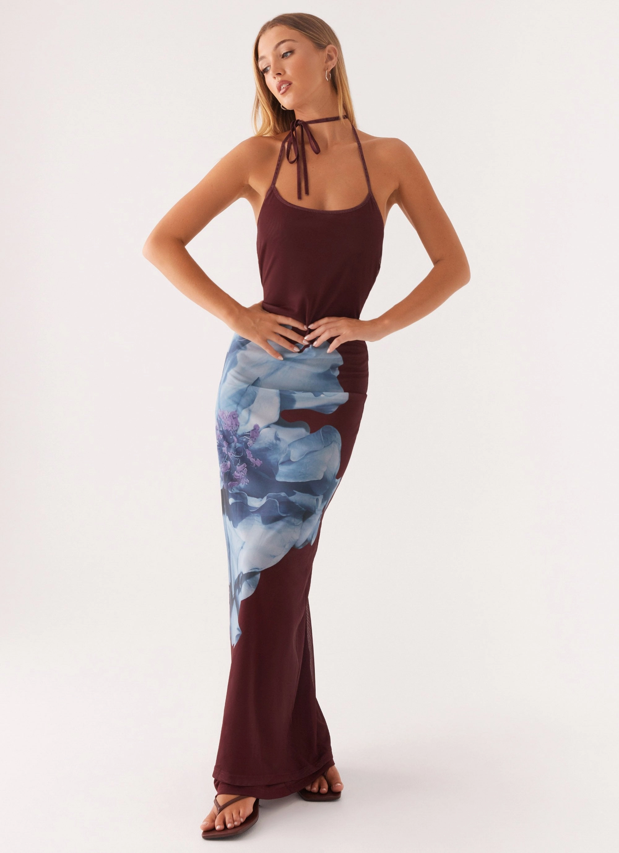 Dayana Halterneck Maxi Dress - Maroon Print Mesh-Sleeve