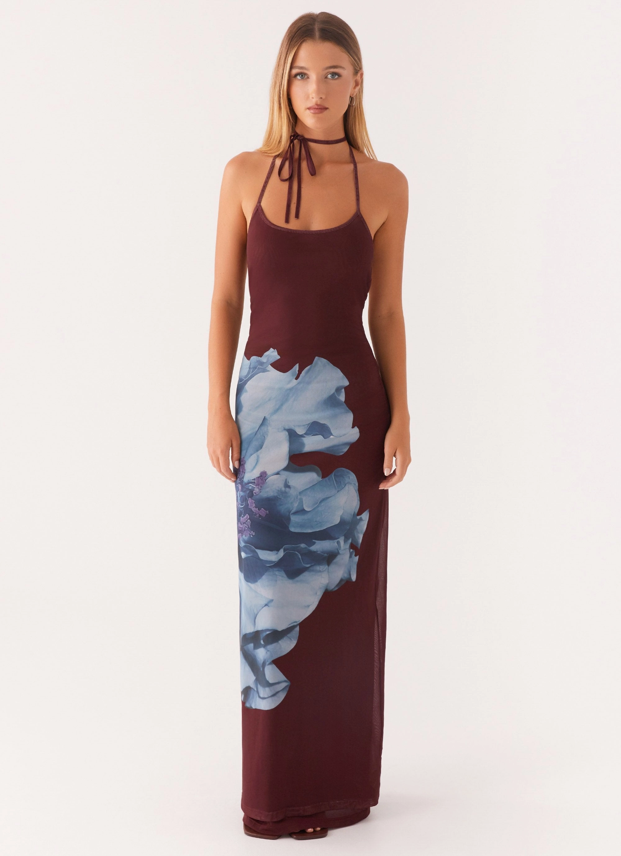 Power Soft Dayana Halterneck Maxi Dress - Maroon Print