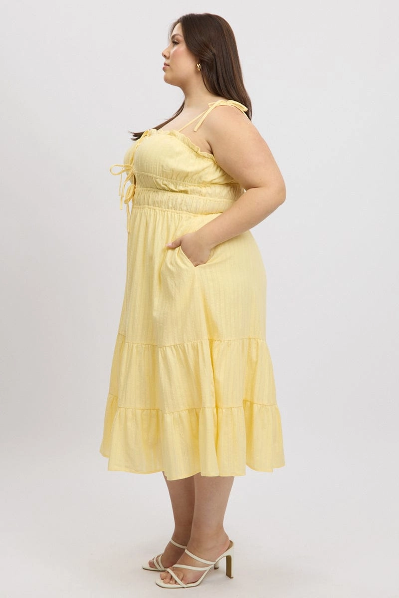 Yellow Midi Dress Sleeveless Tie Front Tiered Textured everyday elegance Sleek Design