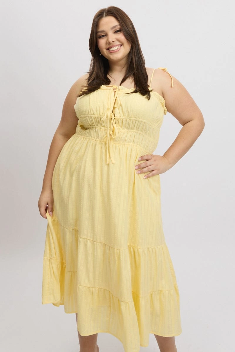 Yellow Midi Dress Sleeveless Tie Front Tiered Textured Urban Spirit