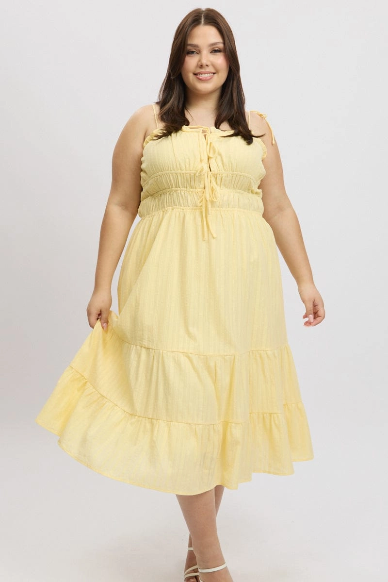 Relax Style Casual Style Yellow Midi Dress Sleeveless Tie Front Tiered Textured