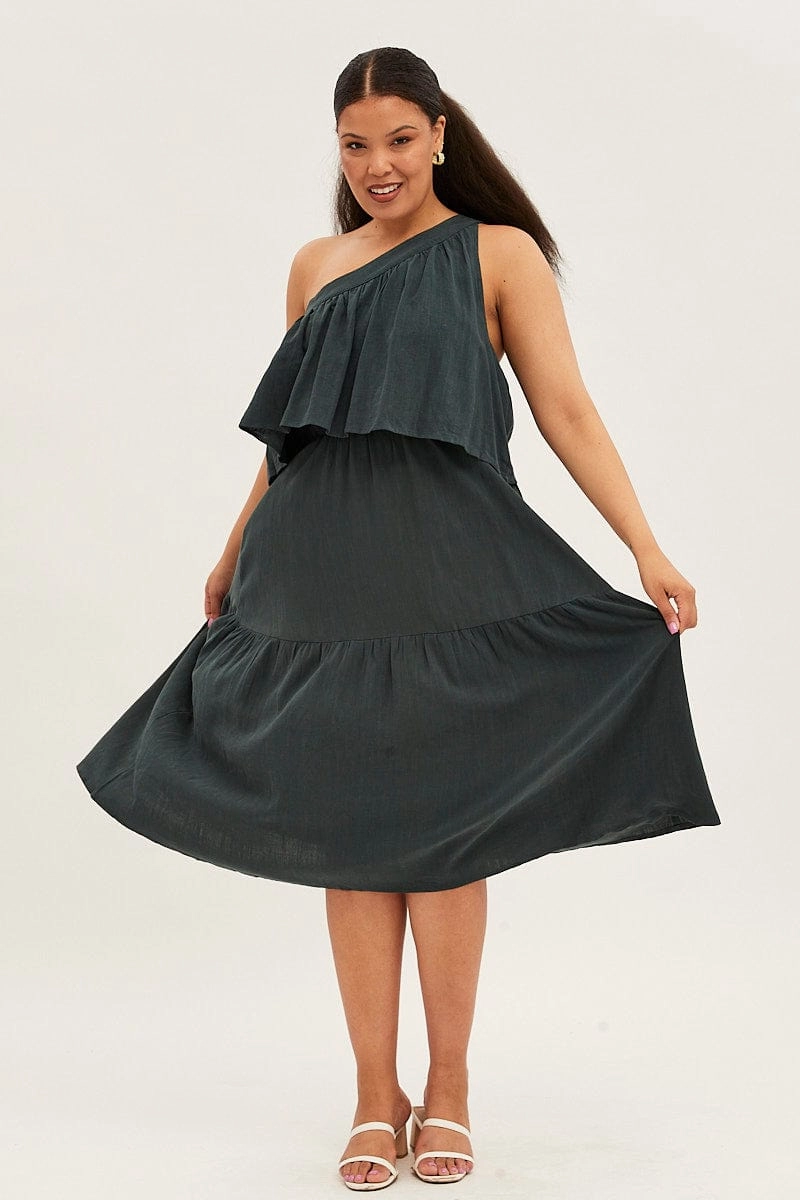 Green Midi Dress One Shoulder Frill Linen Blend Smooth Lines