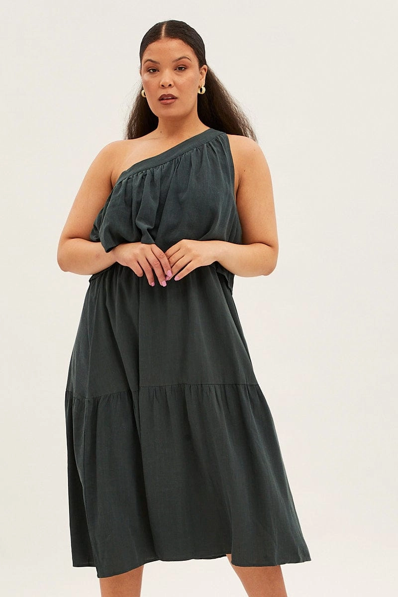 Green Midi Dress One Shoulder Frill Linen Blend skin friendly