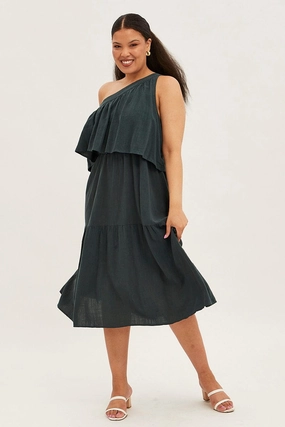 DurableStitching Shine Moment Green Midi Dress One Shoulder Frill Linen Blend