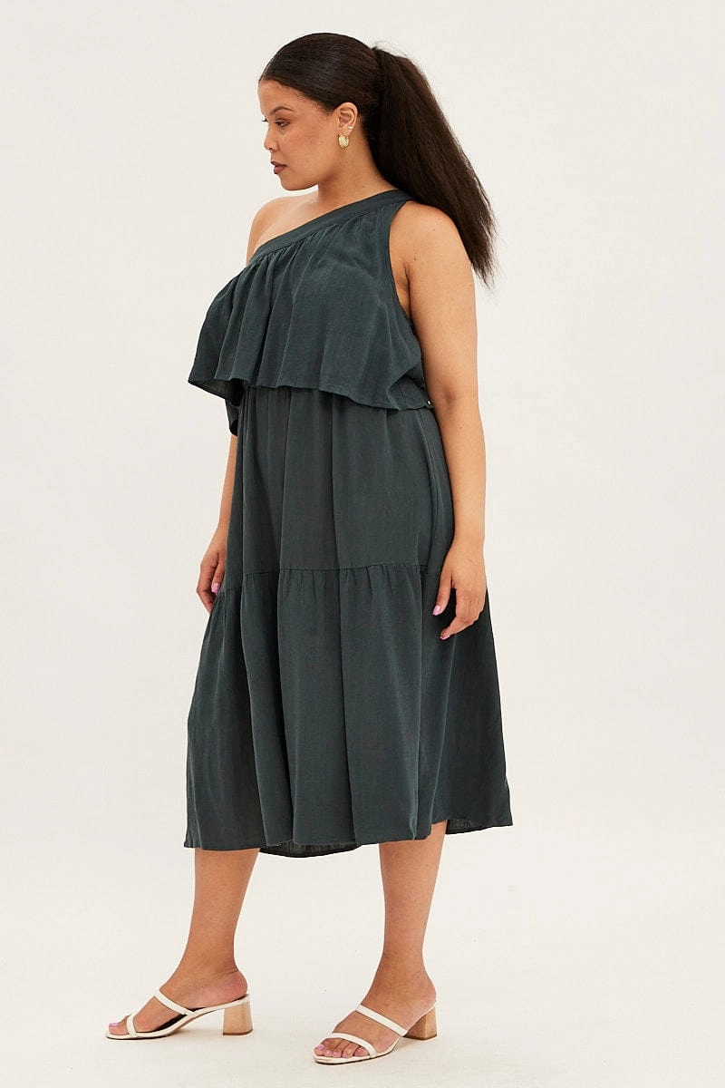 Sleek Look Bright Feel Green Midi Dress One Shoulder Frill Linen Blend