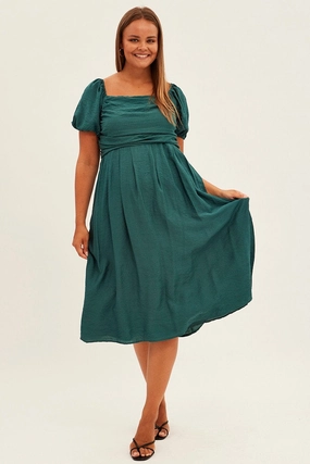 All Day Green Midi Dress Puff Sleeve Square Neck Lined Textured