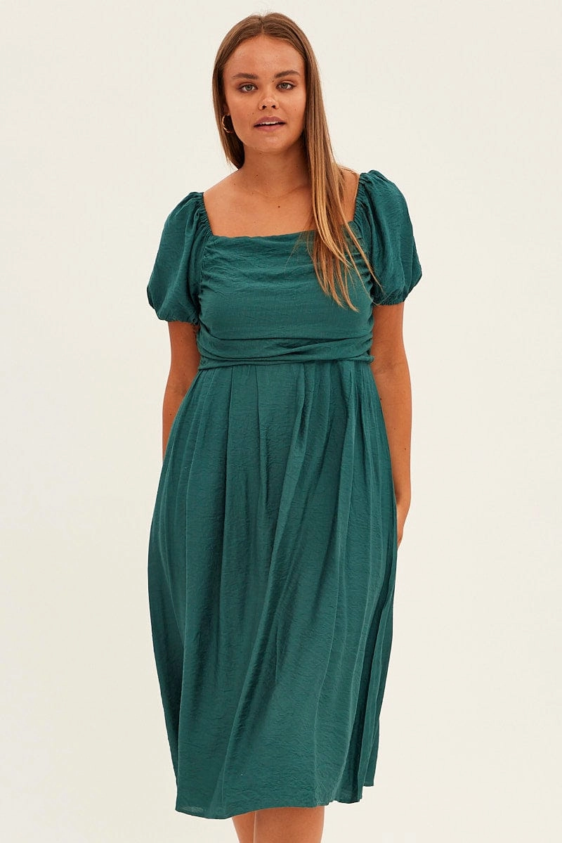 Green Midi Dress Puff Sleeve Square Neck Lined Textured Vibrant evening gown Air Beauty