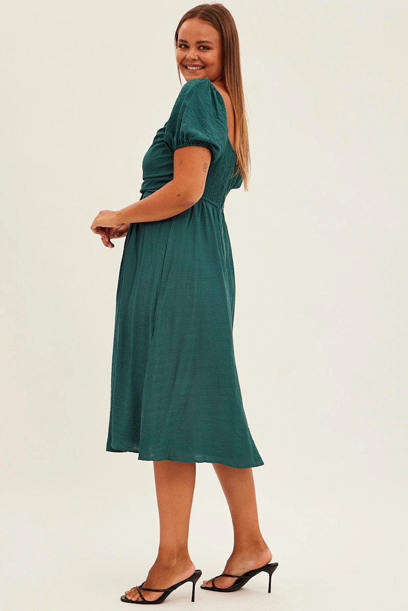 Green Midi Dress Puff Sleeve Square Neck Lined Textured Timeless Line Floor-Length