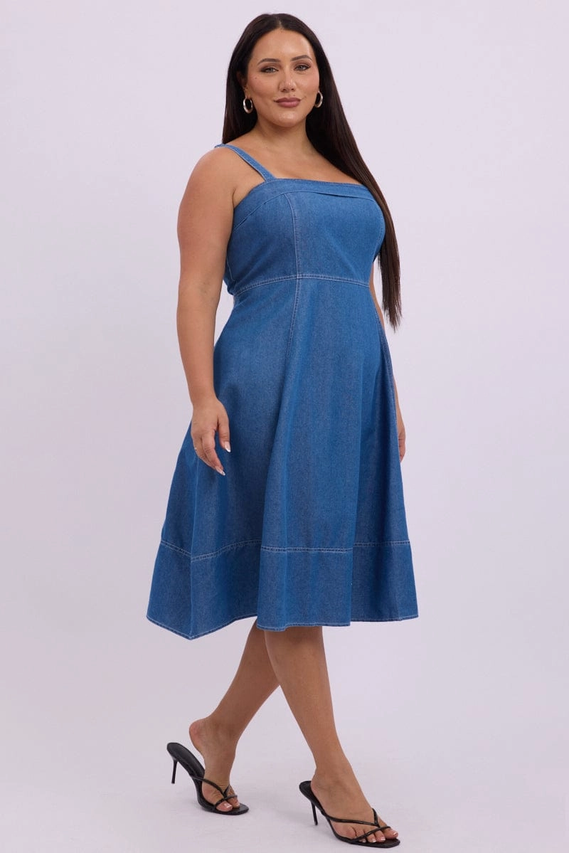 Denim Midi Dress Sleeveless Denim A Line Cut