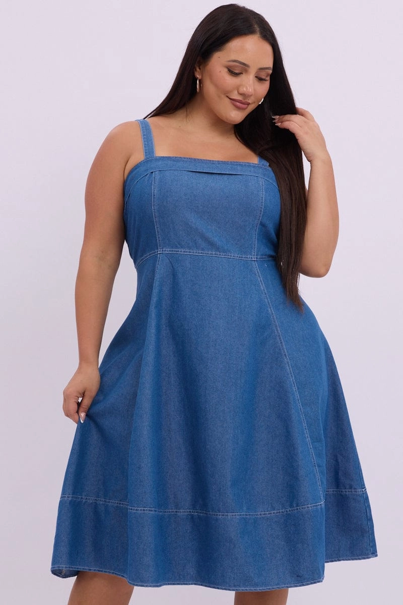 Denim Midi Dress Sleeveless Denim Soft-Lining