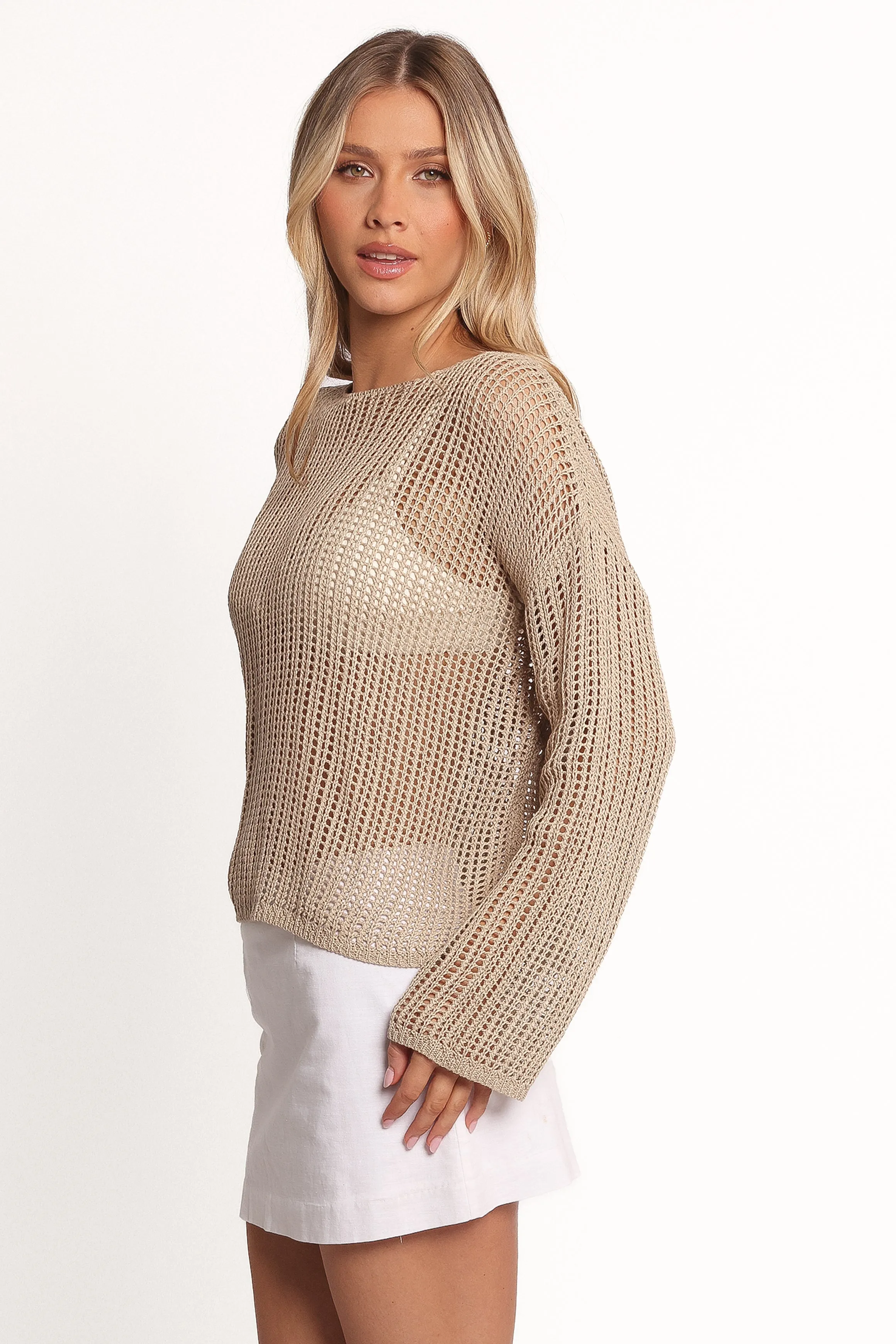 Desiree Open Weave Knit Sweater - Beige Chill Wear Wrinkle Recovery Fabric