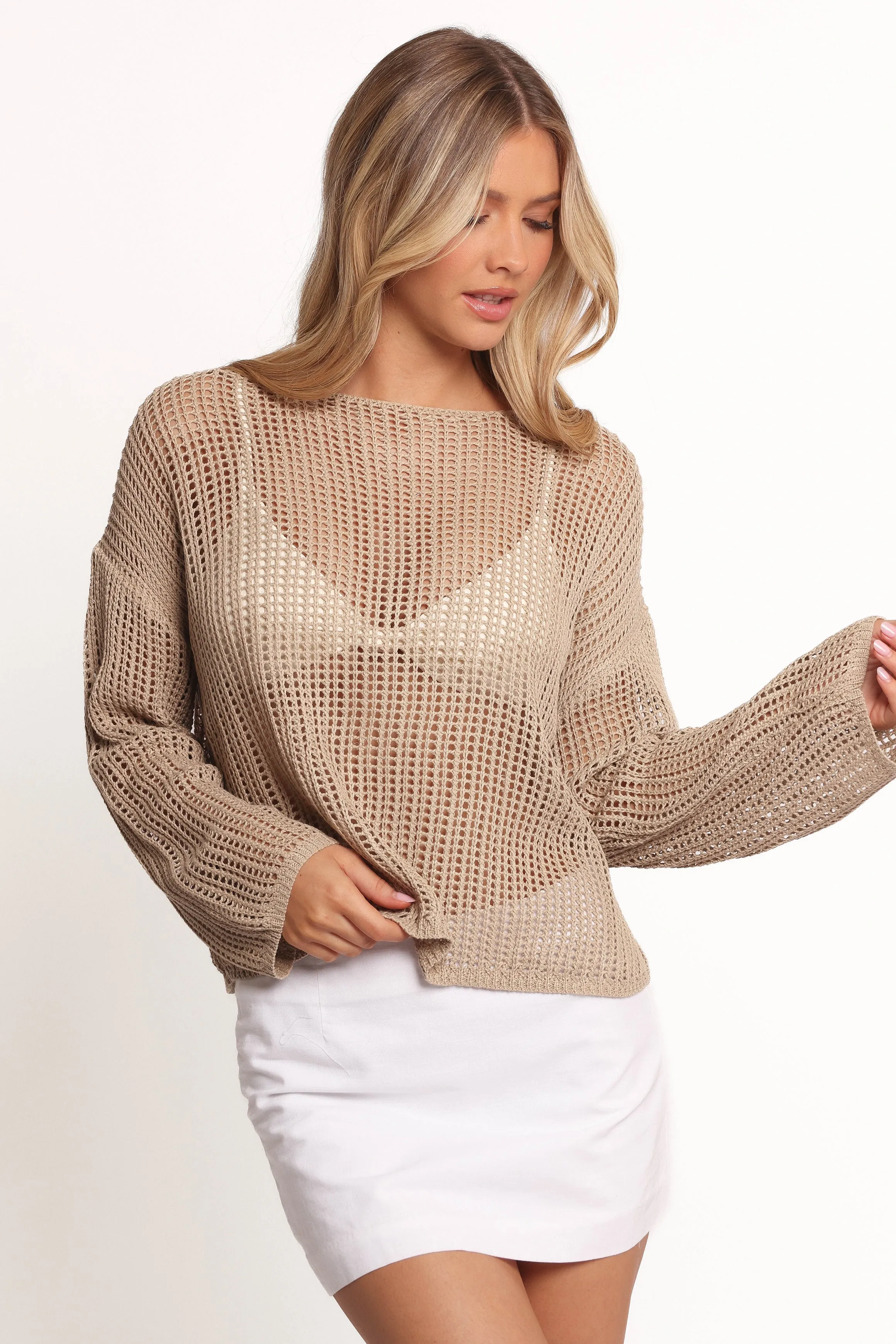MultiDirectional Elasticity Desiree Open Weave Knit Sweater - Beige