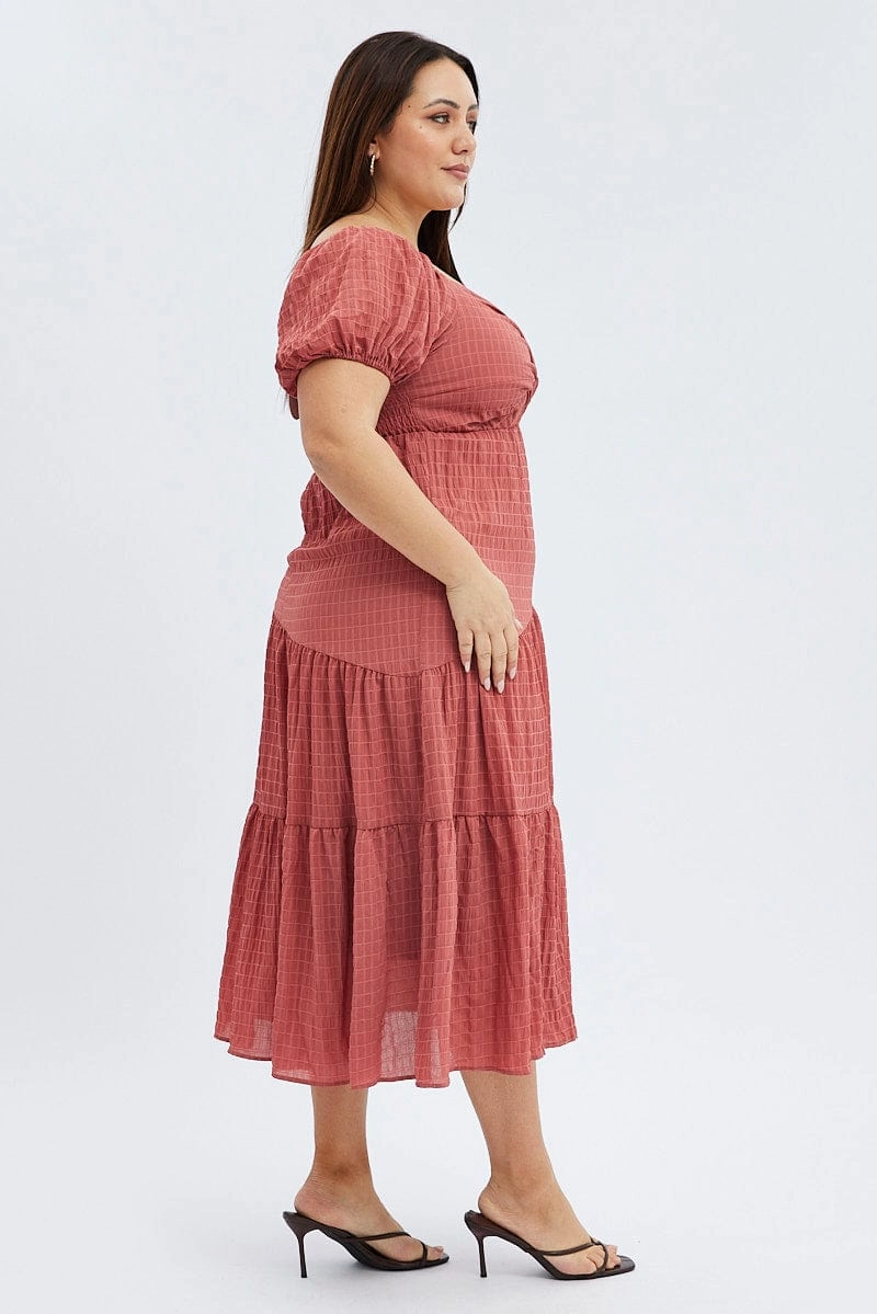 Side Ruching Brown Midi Dress Short Sleeve Cut Out