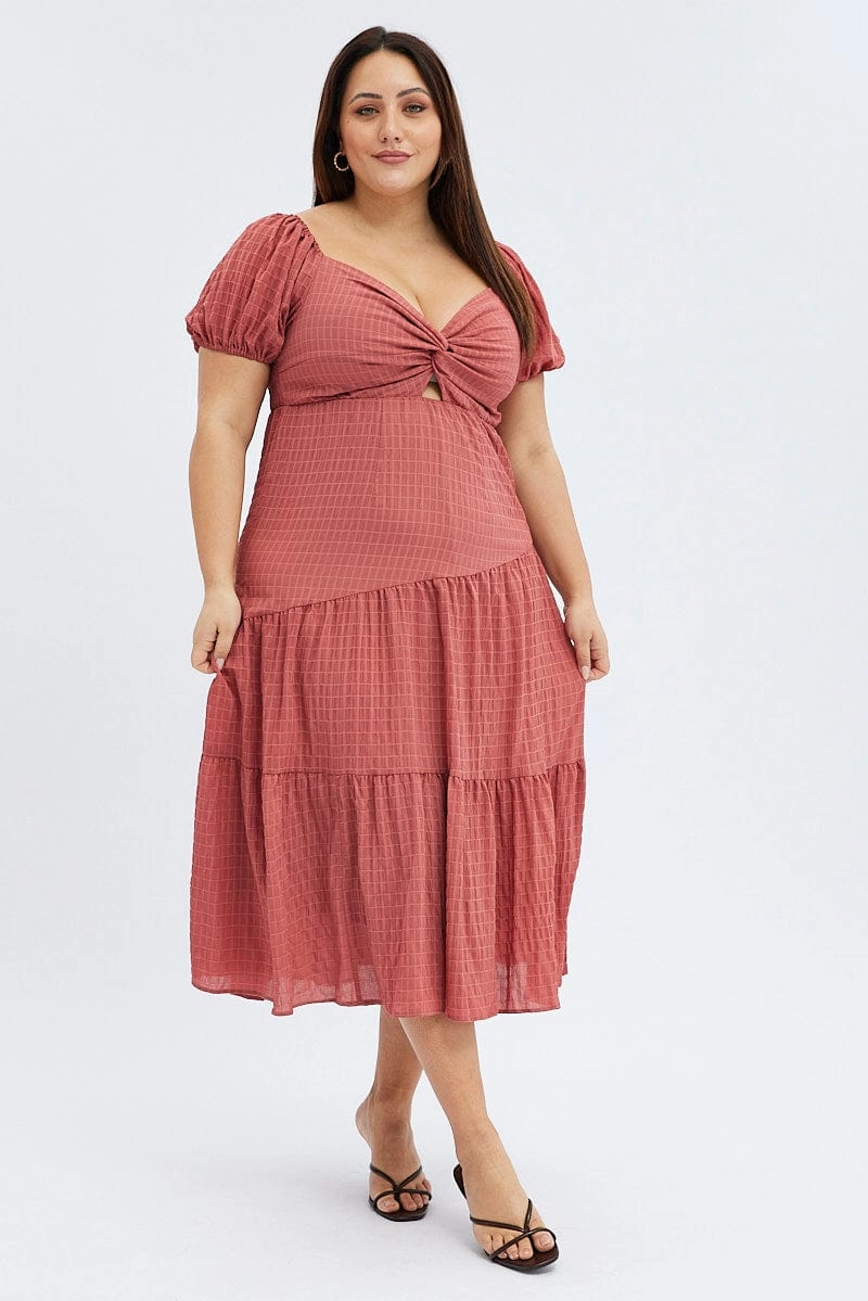 Pocket-Detail Brown Midi Dress Short Sleeve Cut Out