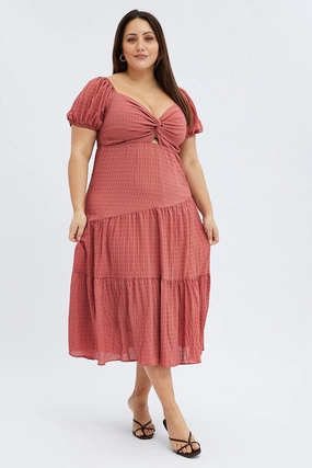 Pocket-Detail Brown Midi Dress Short Sleeve Cut Out