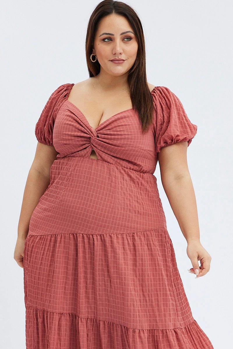 Brown Midi Dress Short Sleeve Cut Out Office Smart