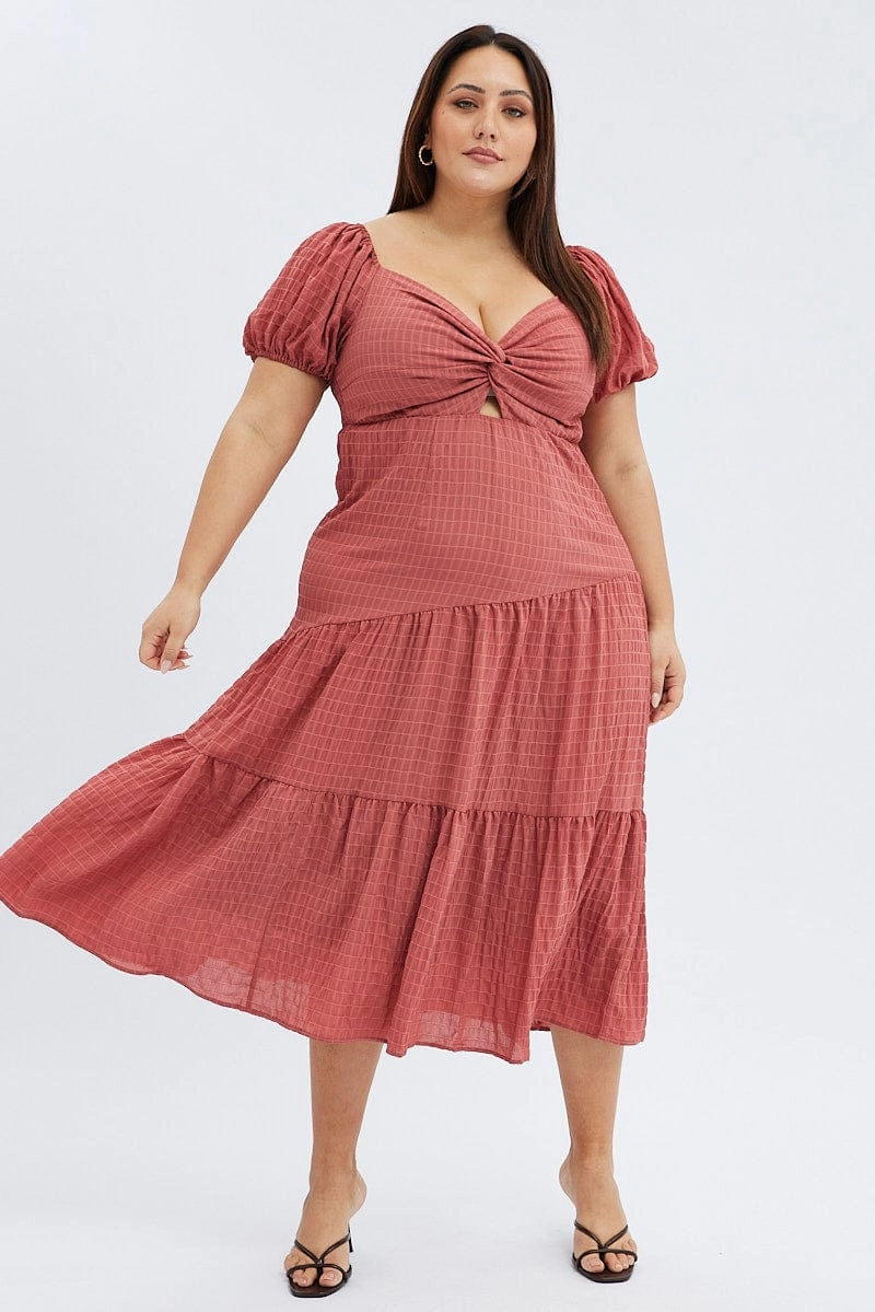 Brown Midi Dress Short Sleeve Cut Out Soft Shape Decorative-Design