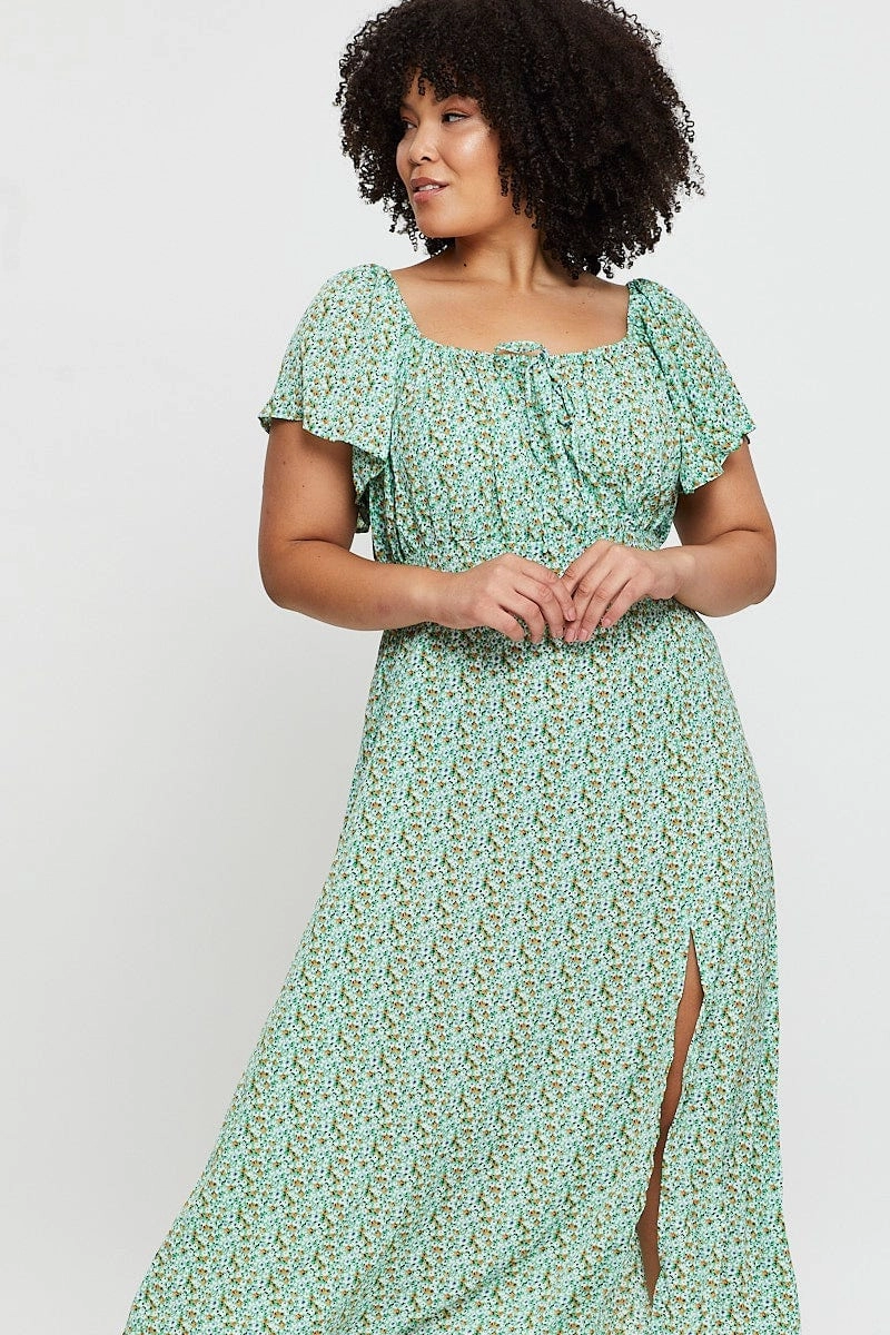 Ditsy Print Midi Dress Scoop Neck Short Sleeve Front Split Daily Silhouette Bohemian style