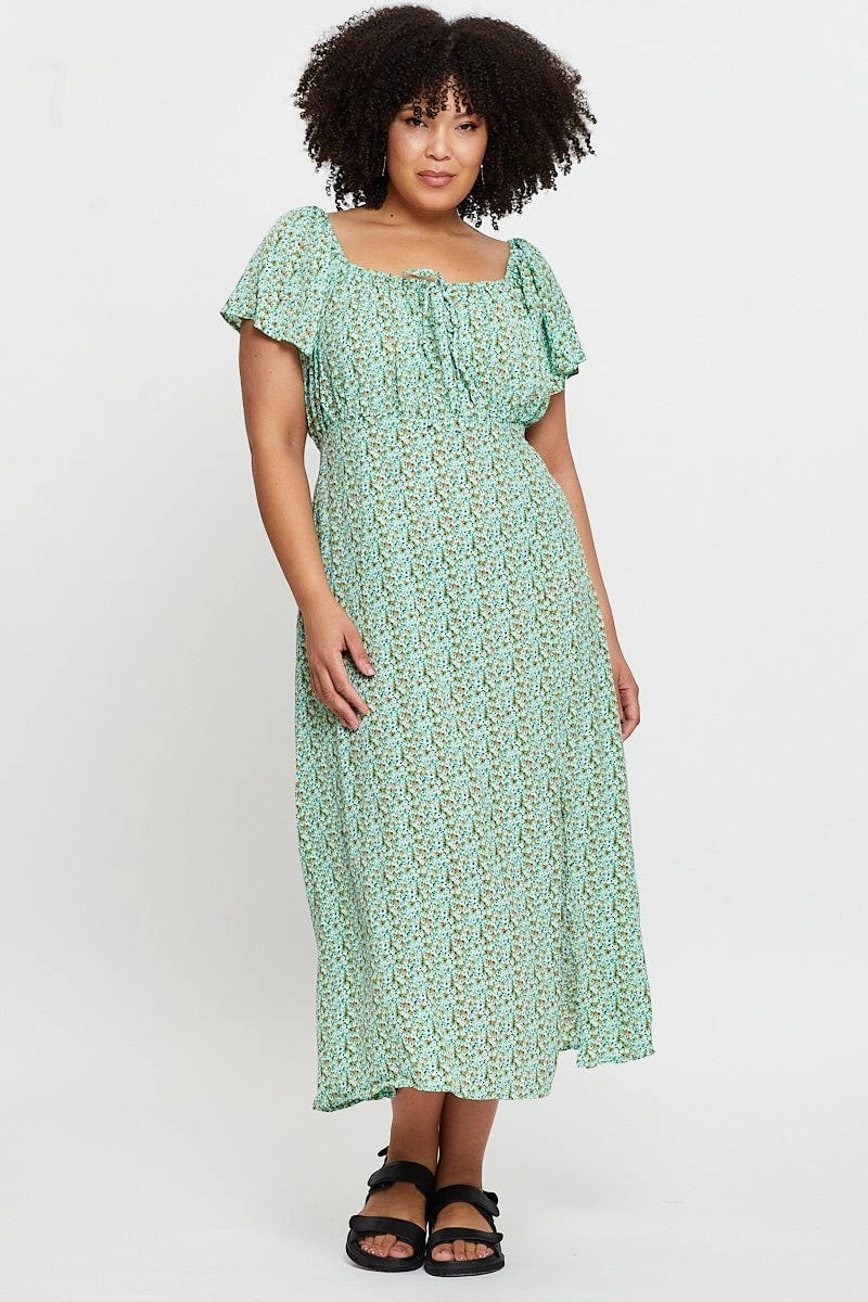 Ditsy Print Midi Dress Scoop Neck Short Sleeve Front Split Versatile Wearable Smart and Polished