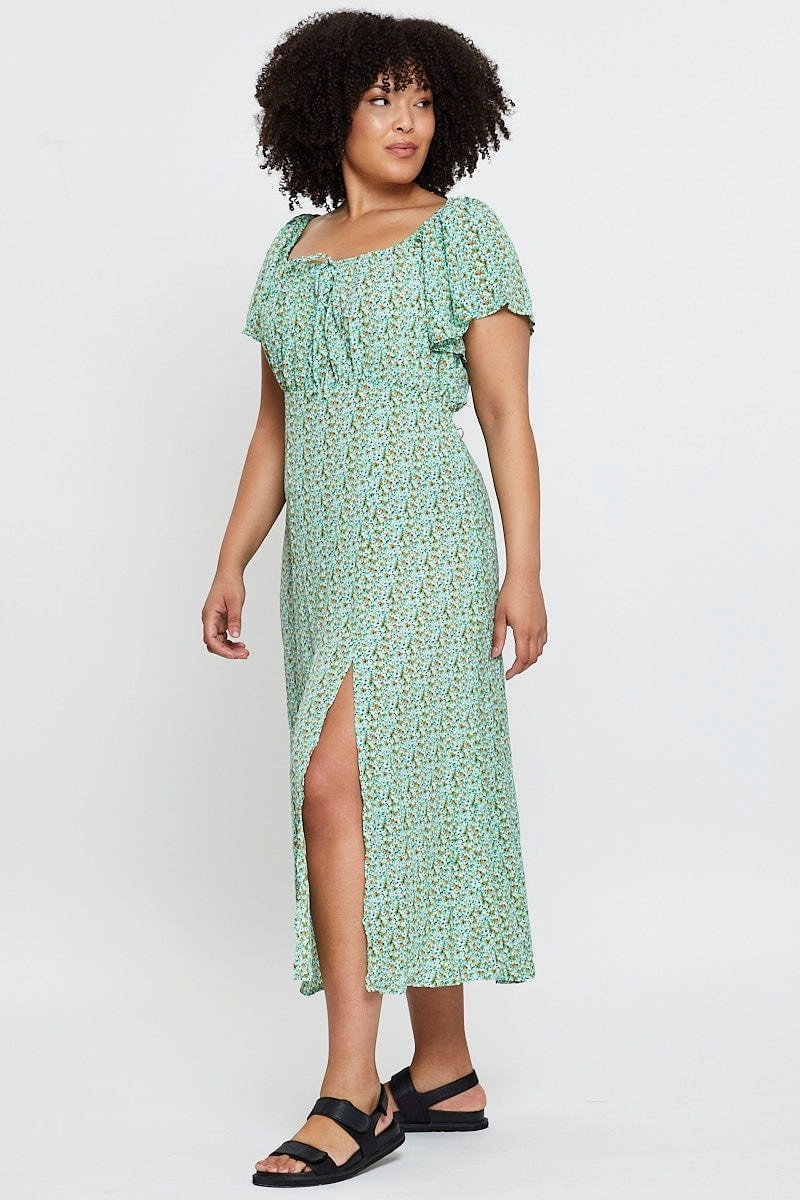 Texture Play Cocktail-Party Ditsy Print Midi Dress Scoop Neck Short Sleeve Front Split