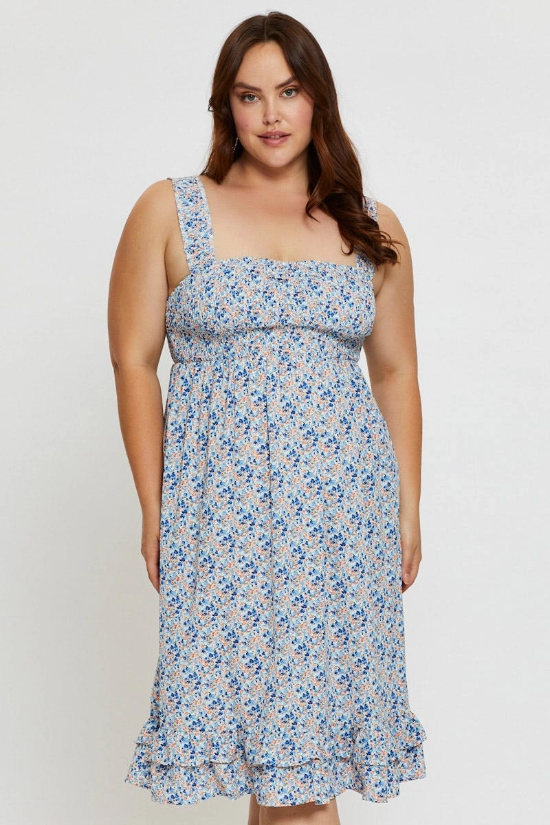 Ditsy Print Midi Dress Scoop Neck Sleeveless Timeless Layer