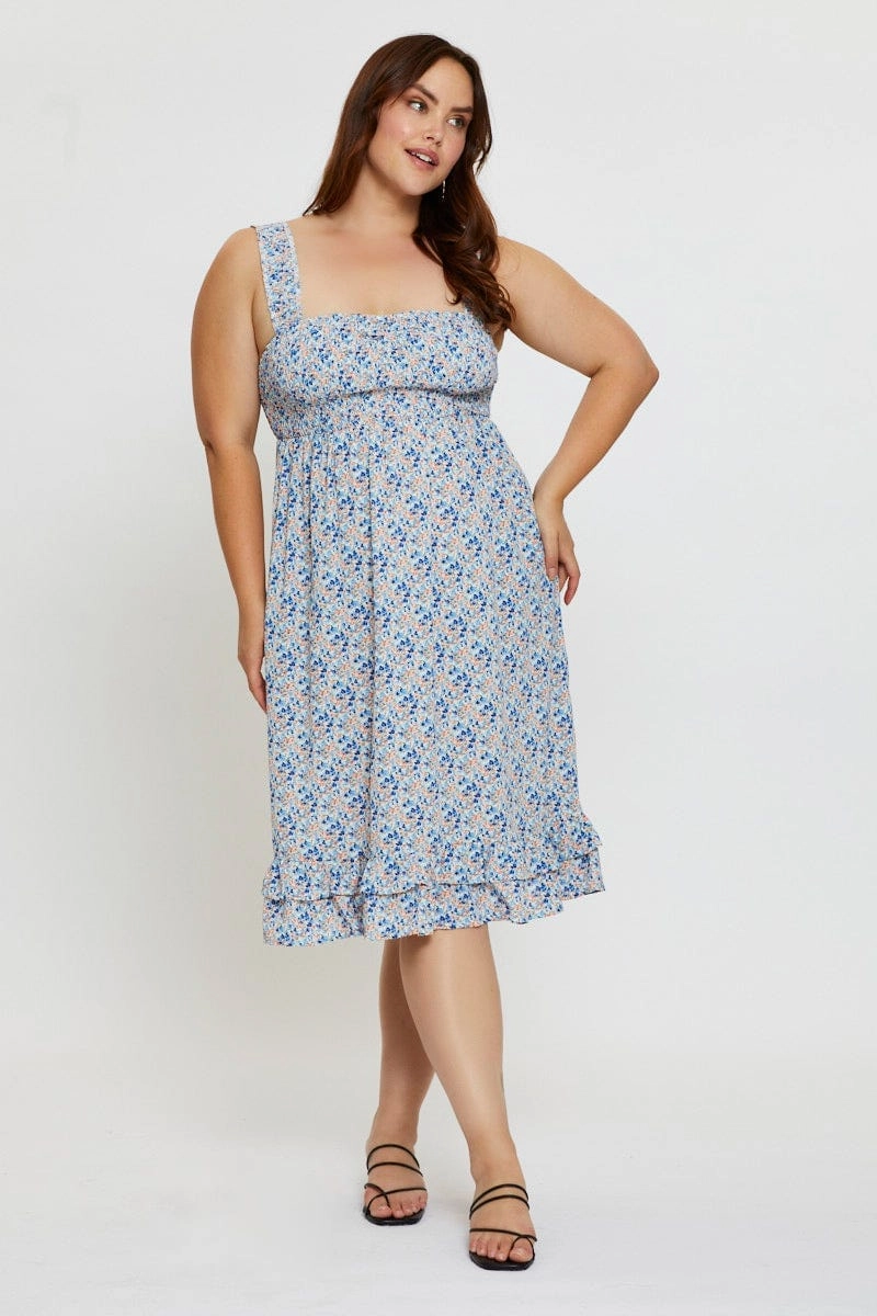 Ditsy Print Midi Dress Scoop Neck Sleeveless Back Glow