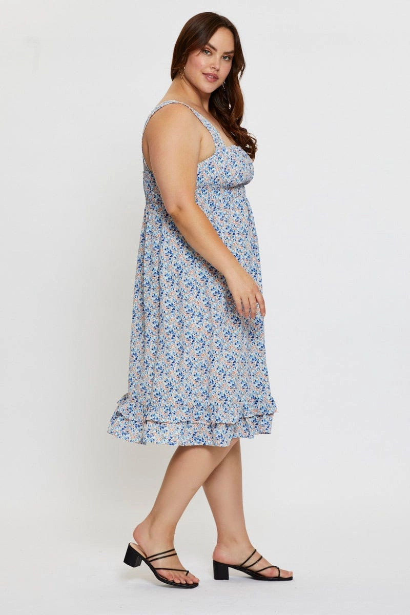 Fashionable appearance Ditsy Print Midi Dress Scoop Neck Sleeveless