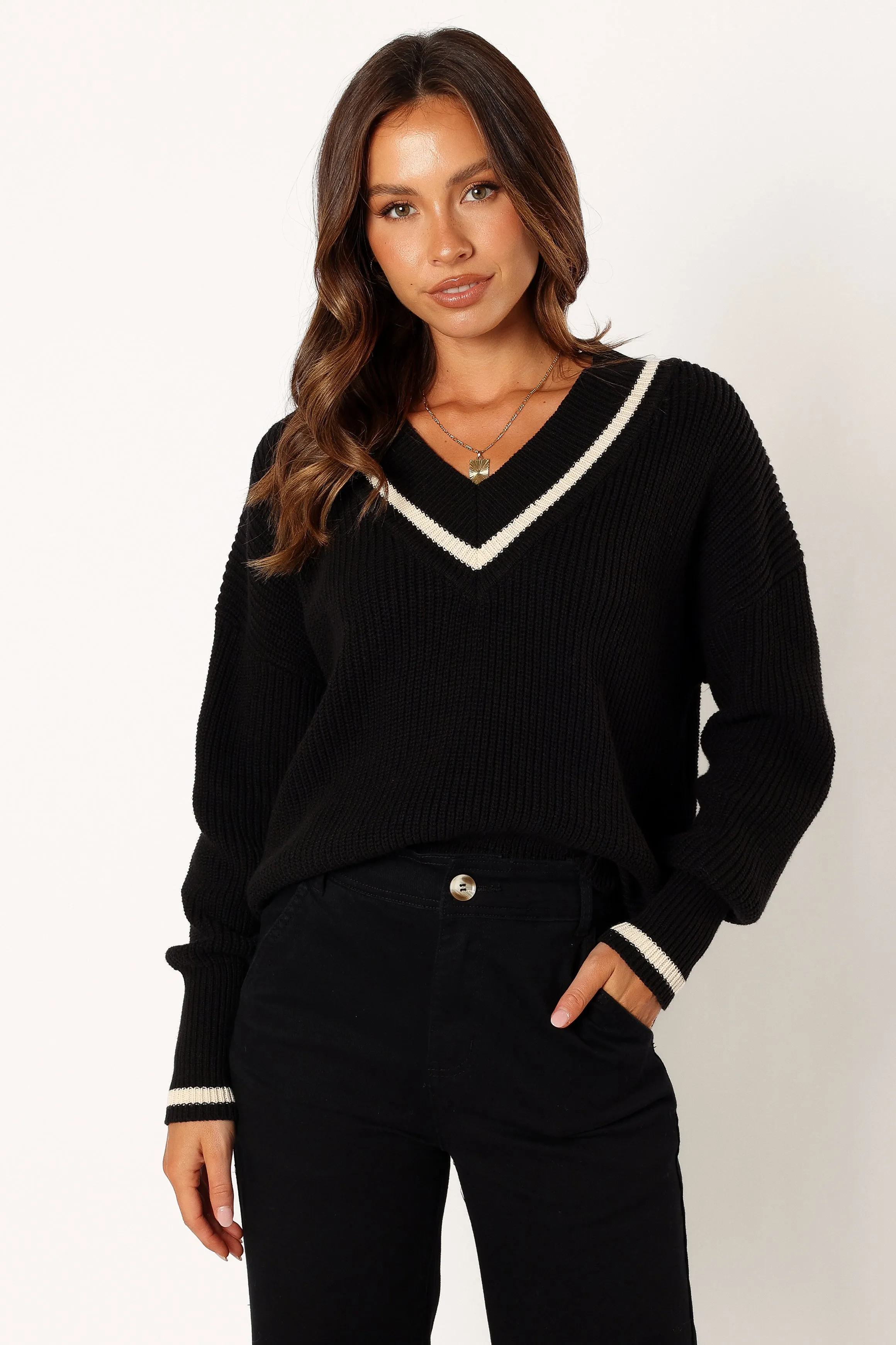 FourWay Stretch Design Dominique Contrast Vneck Knit Sweater - Black/Cream